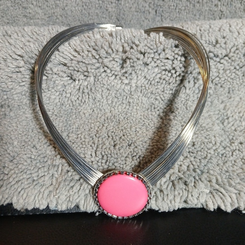 Vintage Silver Tone Metal Choker Pink Pendant
